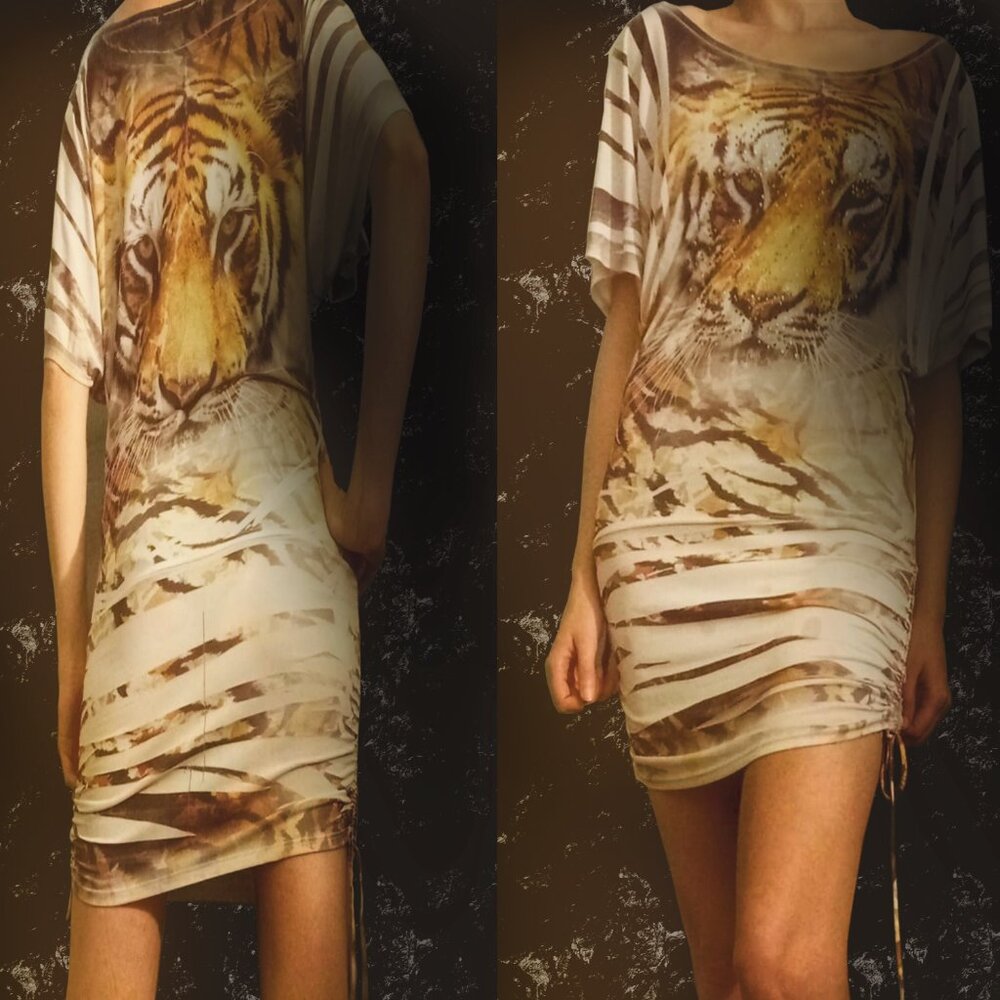 Y2K Colorie Tunic Dress | Rhinestone Tiger Print | Ruched Sides | Size L Fits M